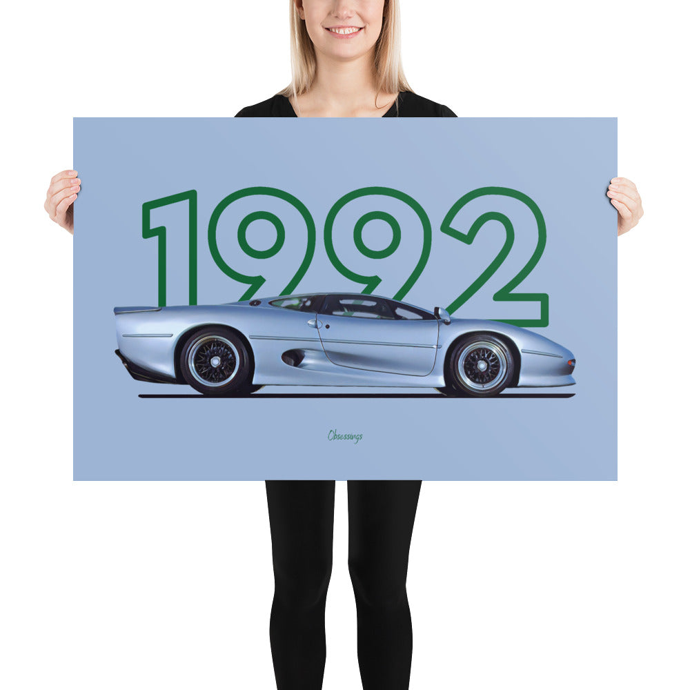 Poster of 1992 Jaguar XJ220 - Silver - Model year series - Green background