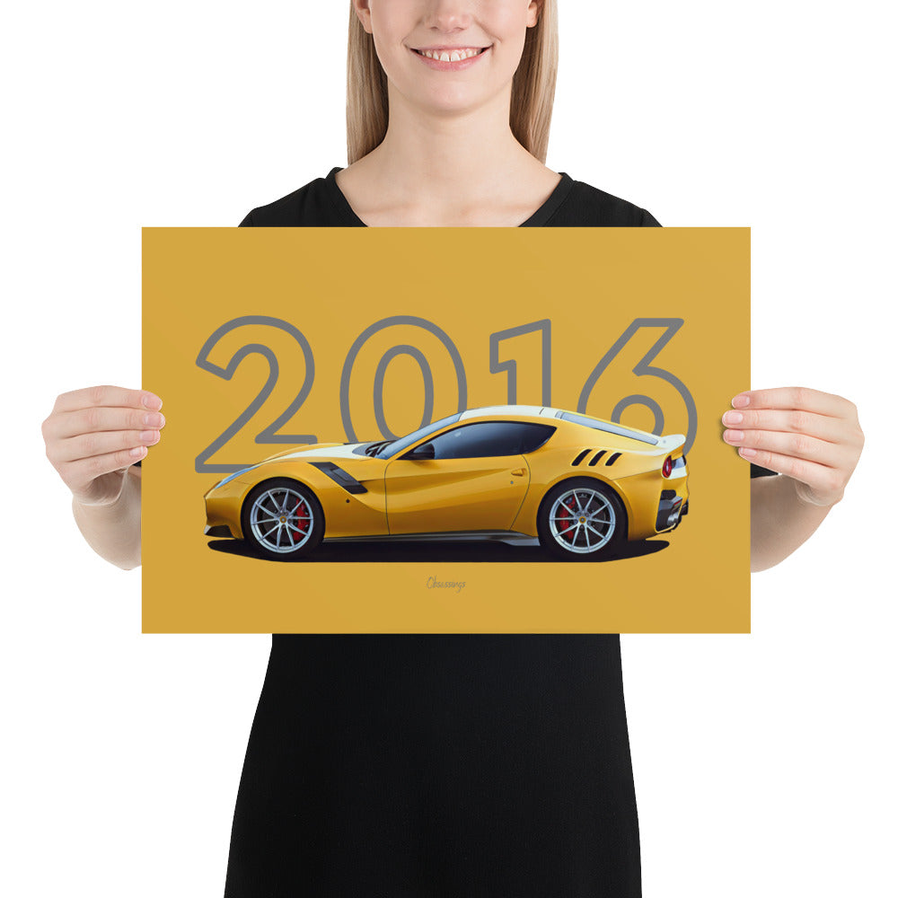 Poster of 2016 Ferrari F12 tdf - Yellow - Model year series - Yellow background