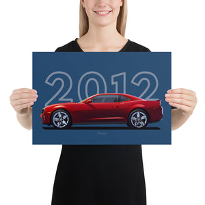 Poster of 2012 Chevrolet Camaro ZL1 - Red - Model year series - Blue background