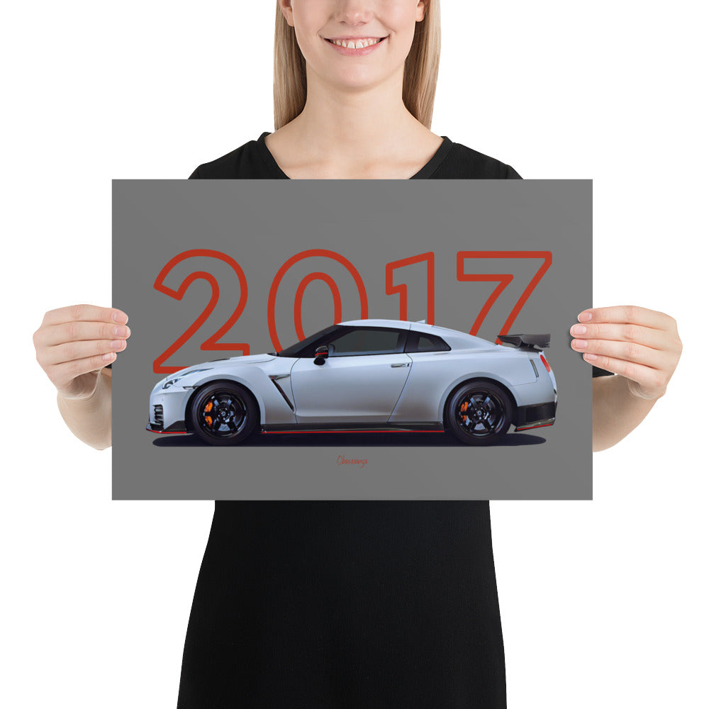 Poster of 2017 Nissan GT-R Nismo - White - Model year series - Grey background