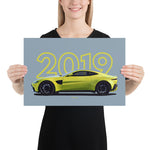 Load image into Gallery viewer, Poster of 2019 Aston Martin V8 Vantage - Bright Yellow - Model year series - Grey background
