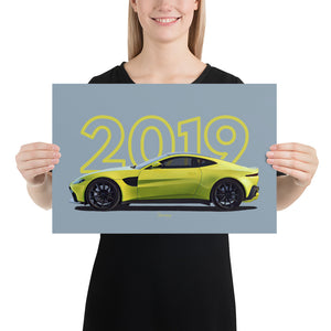 Poster of 2019 Aston Martin V8 Vantage - Bright Yellow - Model year series - Grey background