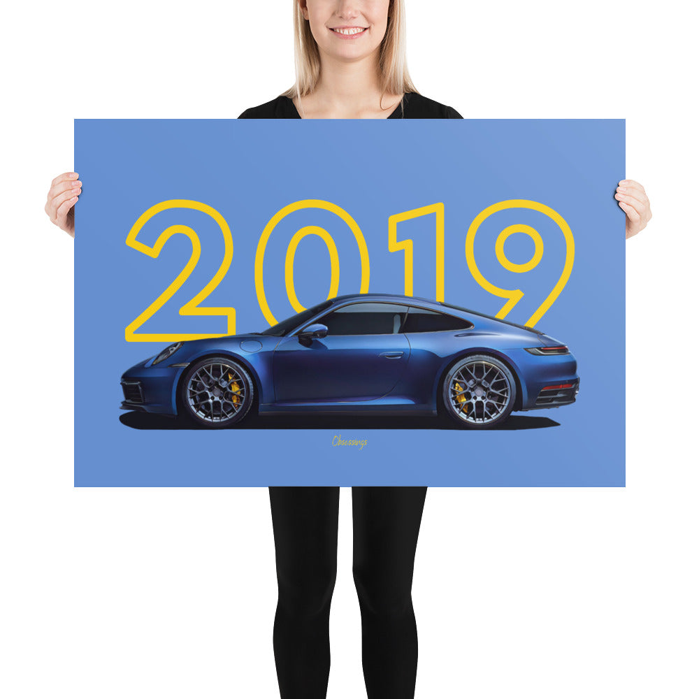 Poster of 2019 Porsche Carrera 4S 992 - Blue - Model year series - Blue background