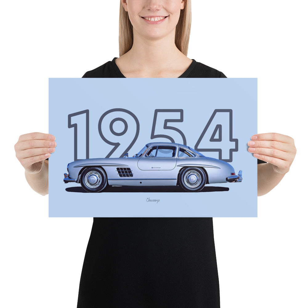 Poster of 1954 Mercedes-Benz 300SL Gullwing - Silver - Model year series - Light blue background