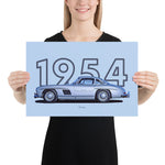 Load image into Gallery viewer, Poster of 1954 Mercedes-Benz 300SL Gullwing - Silver - Model year series - Light blue background
