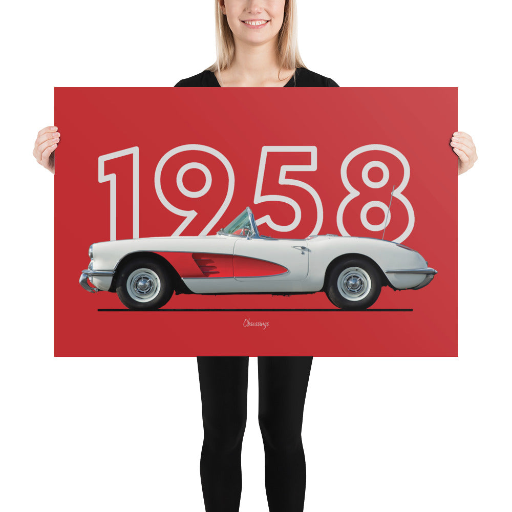 Poster of 1958 Chevrolet Corvette - White red - Model year series - Red background