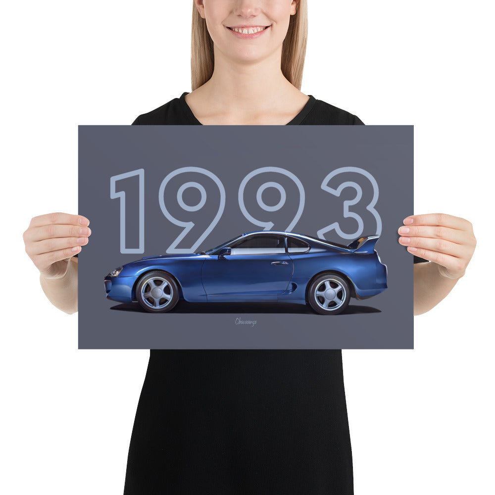 Poster of 1996 Toyota Supra - Blue - Model year series - Grey background