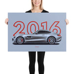 Load image into Gallery viewer, Poster of 2016 Mercedes-AMG GT - Silver - Model year series - Grey background
