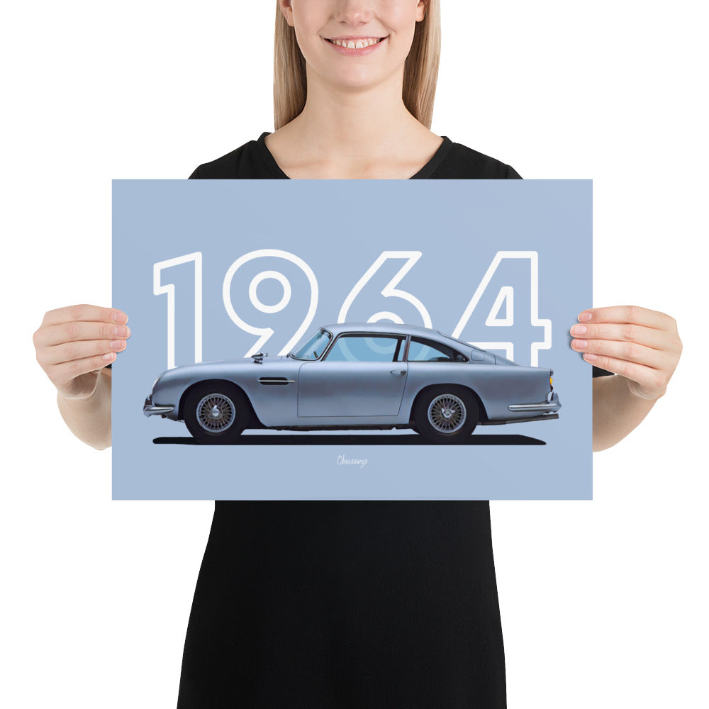 Poster of 1964 Aston Martin DB5 - Silver - Model year series - Light blue background