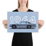 Load image into Gallery viewer, Poster of 1964 Aston Martin DB5 - Silver - Model year series - Light blue background
