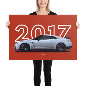 Poster of 2017 Nissan GT-R Nismo - White - Model year series - Red background