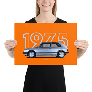 Poster of 1975 Volkswagen Golf GTI Mk1 - Silver - Model year series - Orange background