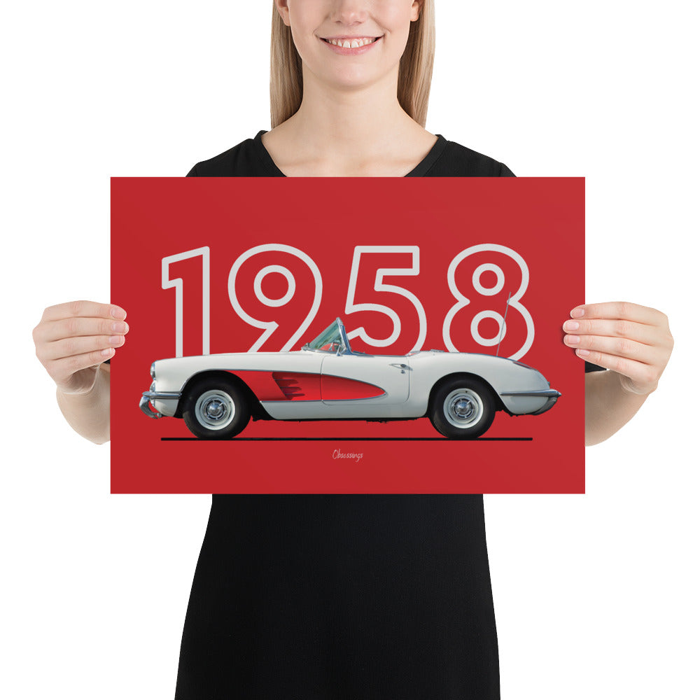 Poster of 1958 Chevrolet Corvette - White red - Model year series - Red background