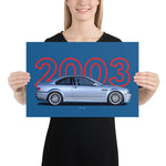 Load image into Gallery viewer, Poster of 2003 BMW E46 M3 CSL - Silver - Model year series - Blue background
