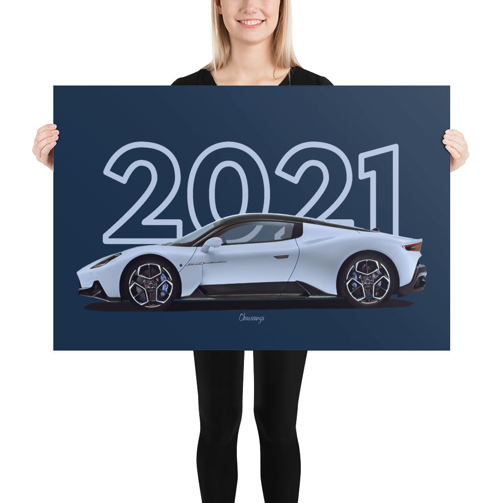 Poster of 2021 Maserati MC20 - White - Model year series - Blue background