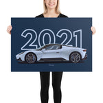 Load image into Gallery viewer, Poster of 2021 Maserati MC20 - White - Model year series - Blue background
