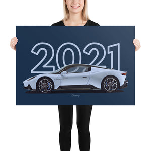 Poster of 2021 Maserati MC20 - White - Model year series - Blue background