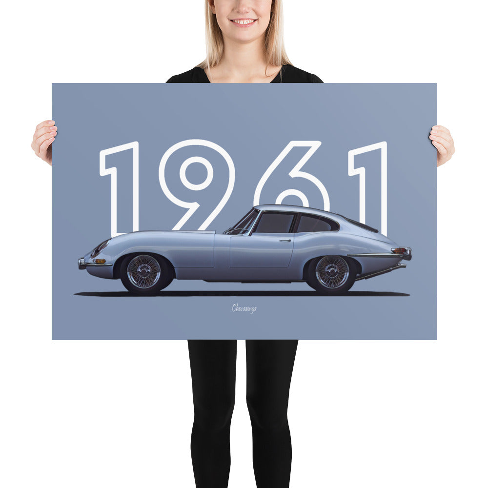 Poster of 1961 Jaguar E-Type - Silver - Model year series - Grey background