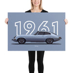 Load image into Gallery viewer, Poster of 1961 Jaguar E-Type - Silver - Model year series - Grey background
