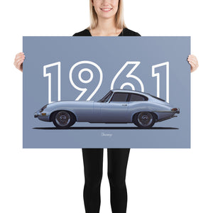 Poster of 1961 Jaguar E-Type - Silver - Model year series - Grey background