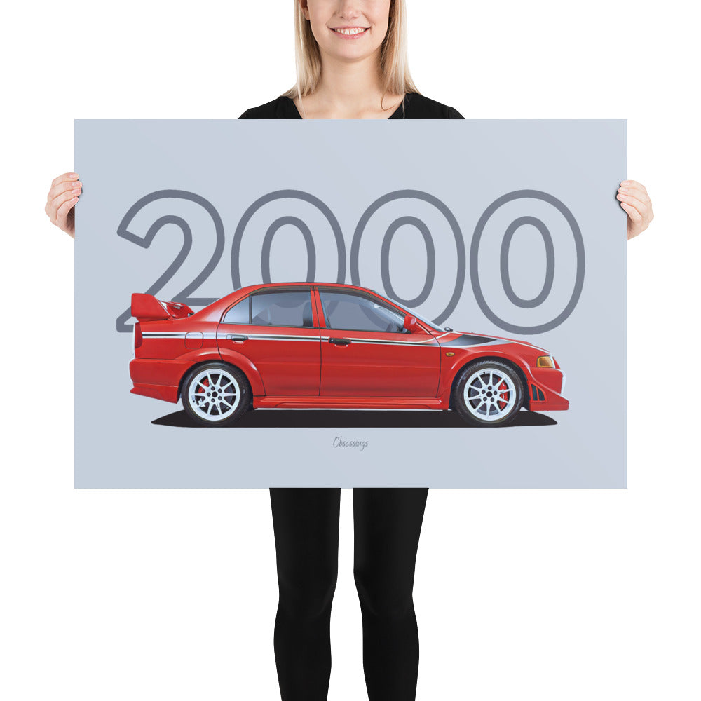 Poster of 2000 Mitsubishi Lancer Evolution VI Tommi Makinen Edition - Red - Model year series - Light grey background