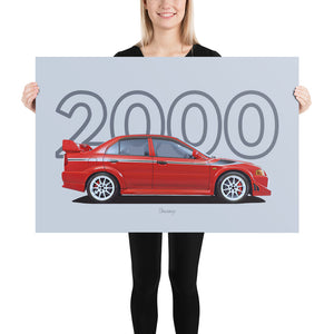 Poster of 2000 Mitsubishi Lancer Evolution VI Tommi Makinen Edition - Red - Model year series - Light grey background