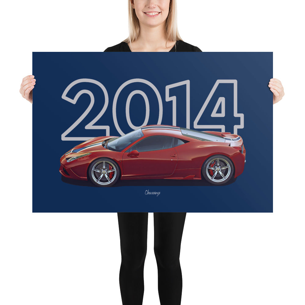 Poster of 2014 - Ferrari 458 Speciale - Red - Model year series - Blue background