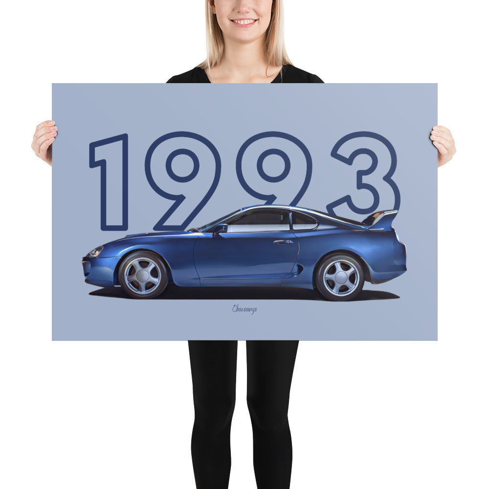Poster of 1993 Toyota Supra - Blue - Model year series - Light grey background