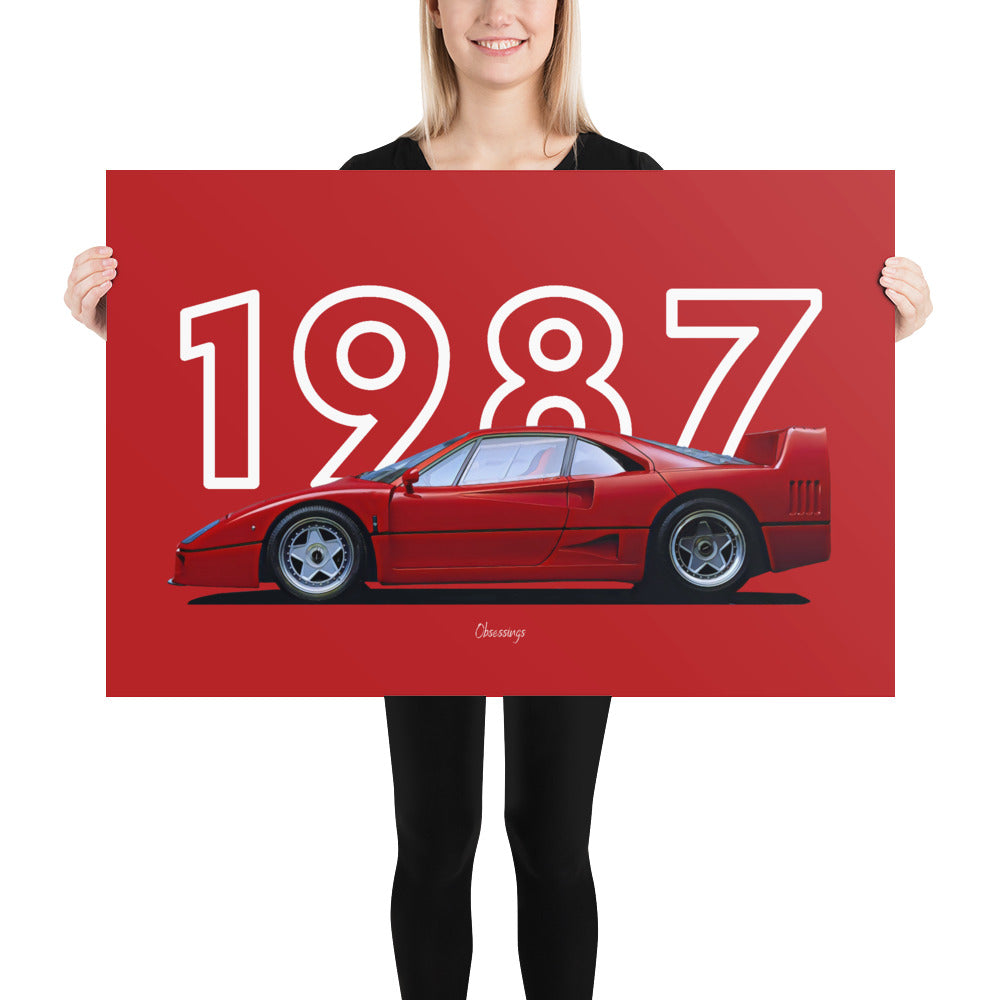 Poster of 1987 Ferrari F40 - Red - Model year series - Red background