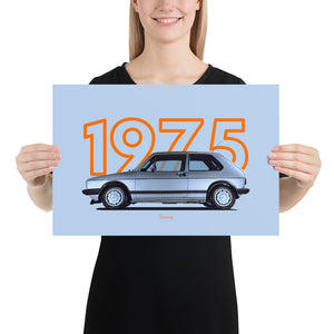 Poster of 1975 Volkswagen Golf GTI Mk1 - Silver - Model year series - Orange background