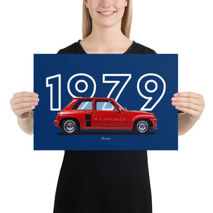 Poster of 1979 Renault 5 Turbo - Red - Model year series - Blue background