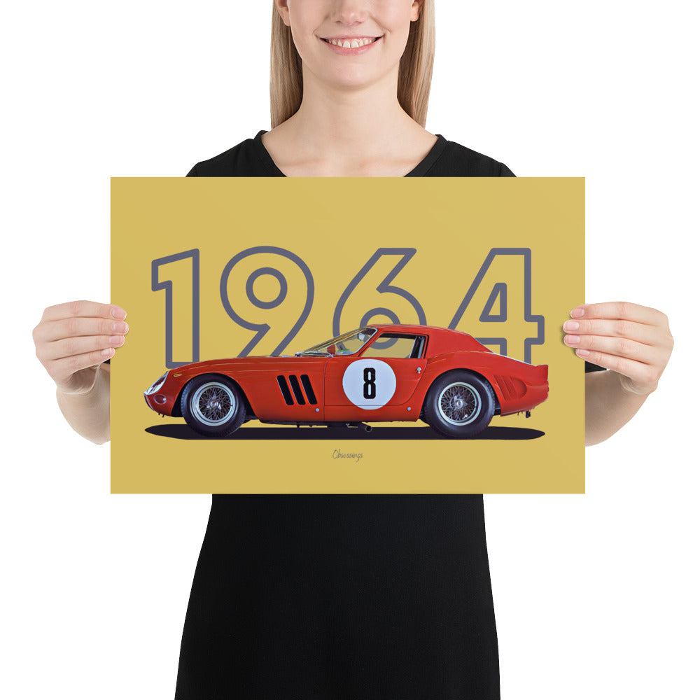 Poster of 1964 Ferrari 250 GTO LM Series II - Red - Model year series - Gold background