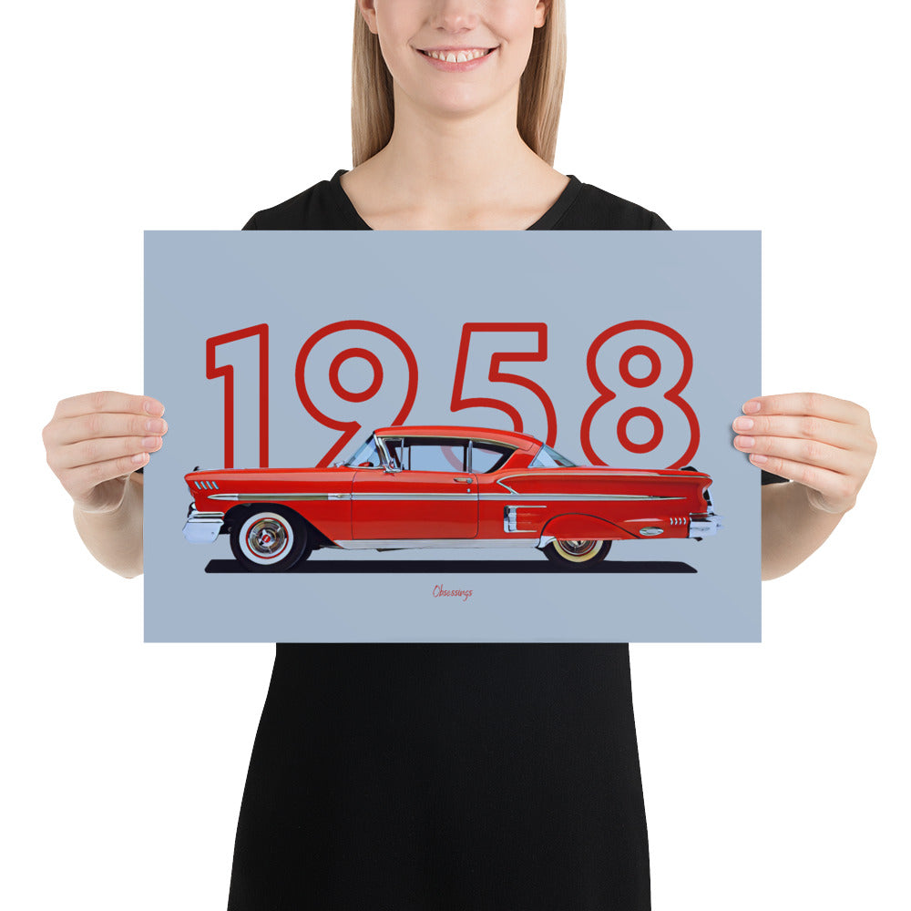 Poster of 1958 Chevrolet Bel Air Impala - Red - Model year series - Grey background