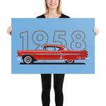 Load image into Gallery viewer, Poster of 1958 Chevrolet Bel Air Impala - Red - Model year series - Blue background
