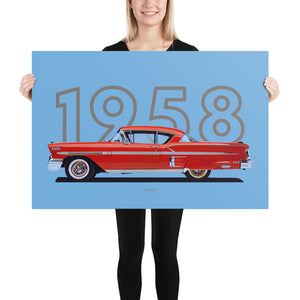 Poster of 1958 Chevrolet Bel Air Impala - Red - Model year series - Blue background