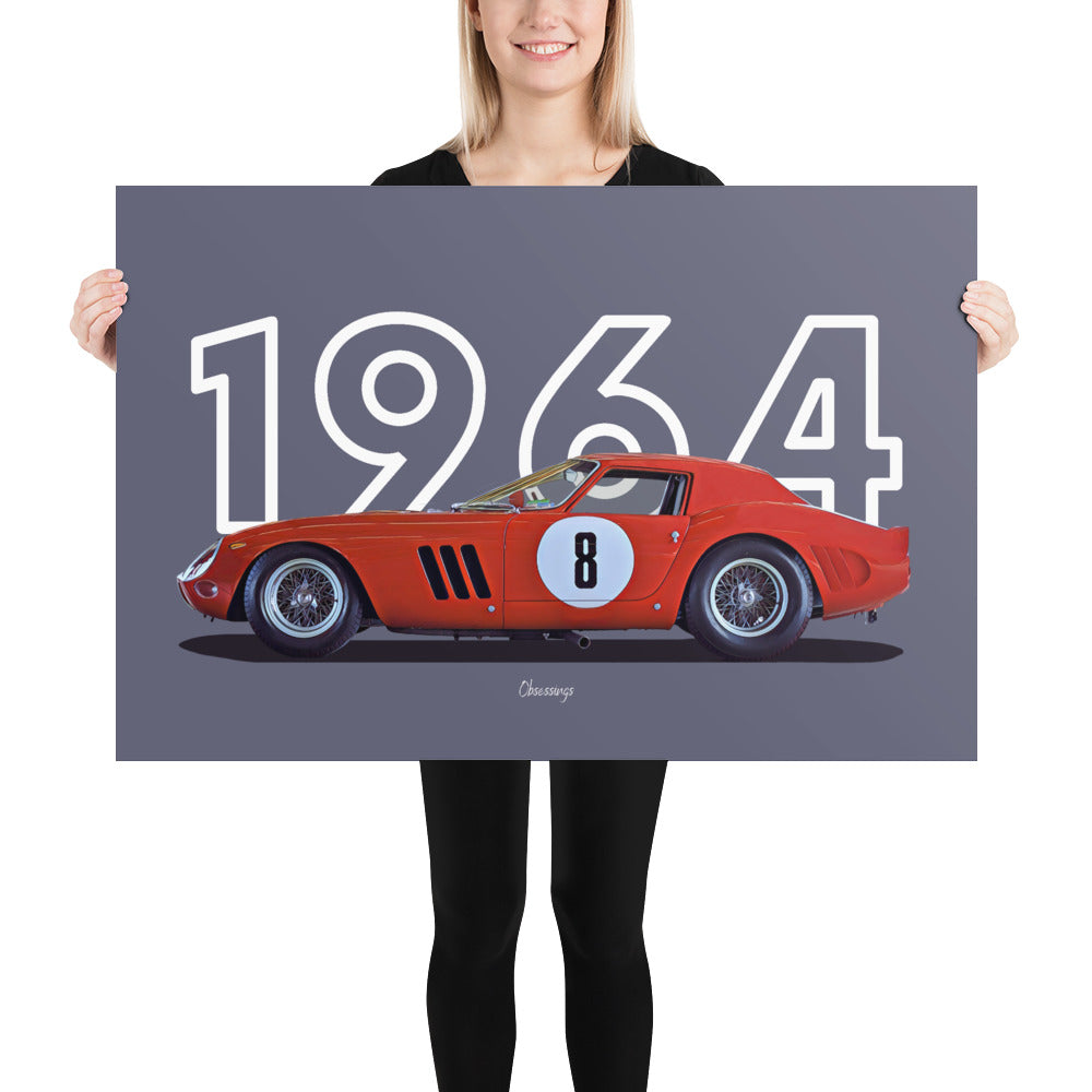 Poster of 1964 Ferrari 250 GTO LM Series II - Red - Model year series - Grey background