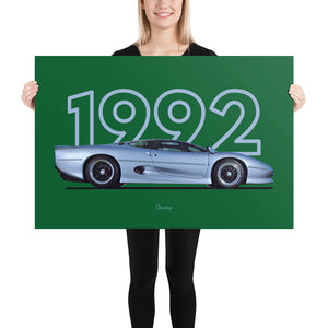 Poster of 1992 Jaguar XJ220 - Silver - Model year series - Green background