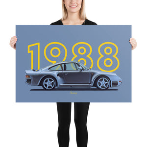 Poster of 1988 Porsche 959S - Silver - Model year series - Grey background